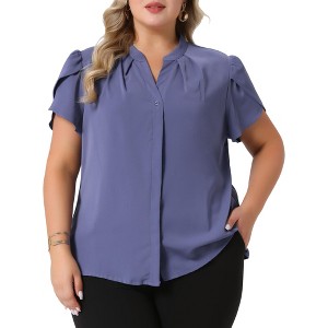 Agnes Orinda Women's Plus Size V Neck Petal Sleeve Button Down Business Work Dressy Chiffon Shirts - 1 of 4
