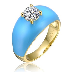 Elegant 14k Yellow Gold Plated Dome Ring with Solitaire Cubic Zirconia and Blue Enamel Accents for a Classic and Contemporary Touch of Sophistication - 1 of 3