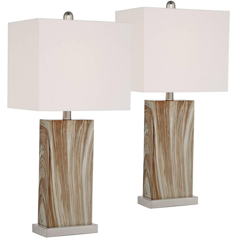 360 Lighting Connie Modern Table Lamps Set of 2 25" High Brown Faux Marble with USB Charging Port White Rectangular Shade for Living Room Office Desk, 1 of 9