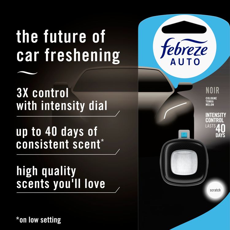 Car freshener packaging featuring a black and white device with text highlighting "3X control with intensity dial," "up to 40 days of consistent scent," and "high quality scents you'll love."