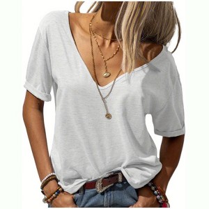 Imily Bela Womens T Shirt Deep V Neck Short Sleeve Casual Fit Basic Fashion Top - 1 of 3