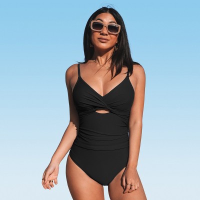 Women's Twist Front Cutout One Piece Swimsuit -Cupshe-XS-Black