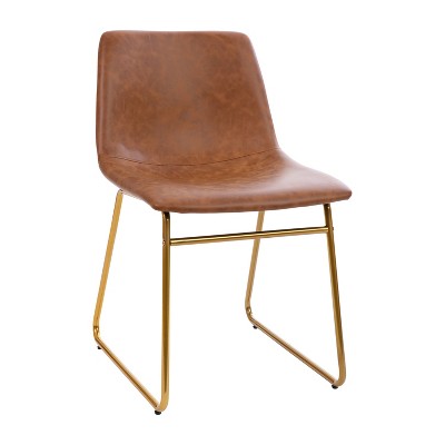Light Brown LeatherSoft Bucket Dining Chairs with Gold Sled Base, Set of 2