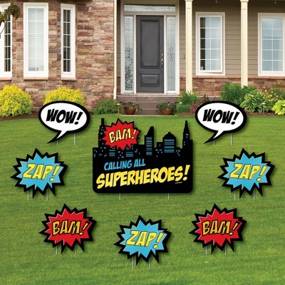 Big Dot of Happiness Bam Superhero - Yard Sign and Outdoor Lawn Decorations - Baby Shower or Birthday Party Yard Signs - Set of 8