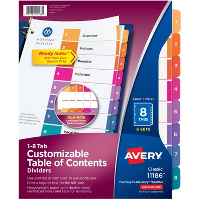 Avery Ready Index 8 Tab Binder Dividers, Customizable Table of Contents, Multicolor Tabs, 6 Sets (11186)