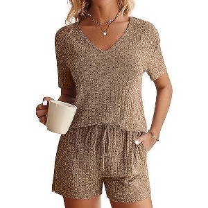 Ekouaer Womens Ribbed Knit Lounge Set Short Sleeve Top and Shorts Sleepwear Pajama Set Two Piece Shorts Outfits Set - 1 of 4