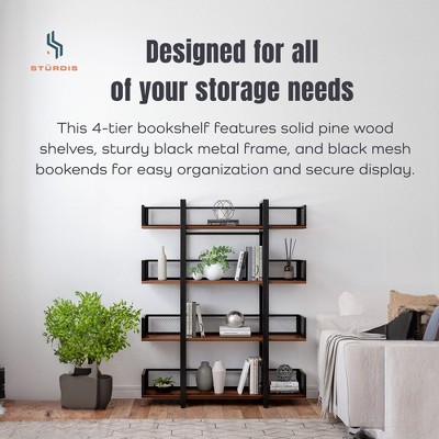 Sturdis Black Metal Frame Industrial Bookshelf with Walnut Wood Shelves