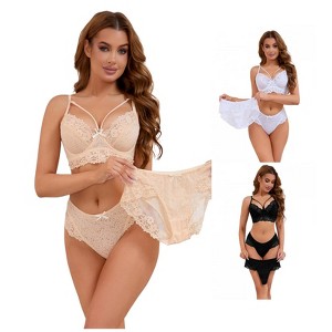 INSPIRE CHIC Women's 3 Sets Cross Straps Full Coverage Bralette and Panty Mesh Floral Lace Underwear Set - 1 of 4