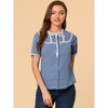 Allegra K Women's Short Sleeve Lace Panel Bow Tie Collar Button Down Shirt - 2 of 4