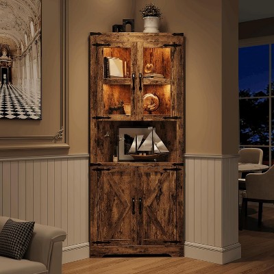 Coucheta Farmhouse Corner Hutch with Lights, Glass Doors & Adjustable Shelves, 67’‘ Tall, Warm Wood Finish(Brown)