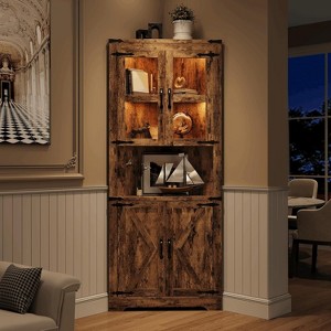 Coucheta Farmhouse Corner Hutch with Lights, Glass Doors & Adjustable Shelves, 67’‘ Tall, Warm Wood Finish - 1 of 4