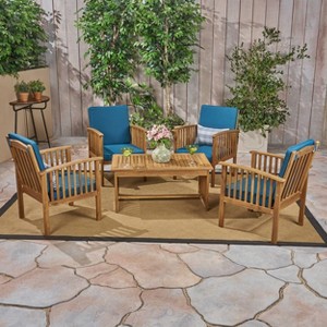Carolina 5pc Acacia Club Chairs with Coffee Table Brown Patina Finish/Dark Teal - Christopher Knight Home: Weather-Resistant Outdoor Seating Set - 1 of 4