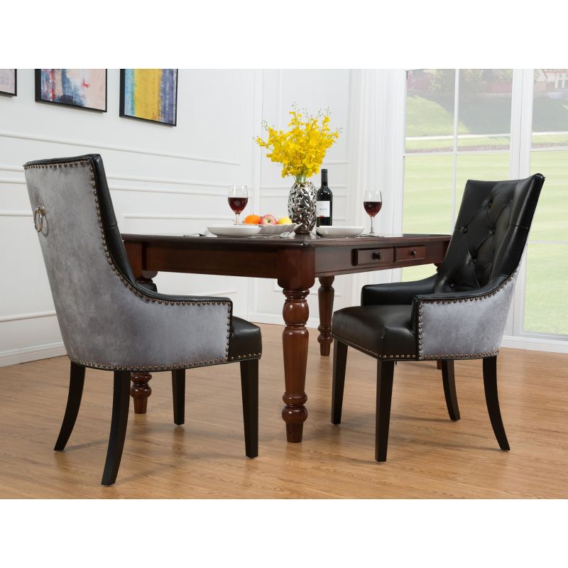 Gideon 2 Pc. Dining Side Chair PU Leather Velvet Polished Brass Nailheads Espresso Finished Wooden Legs, 1 of 2