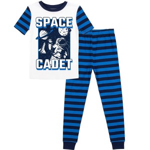 Space Cadet Youth Boy's Blue & Black Striped Short Sleeve Shirt & Sleep Pants Set - 1 of 4