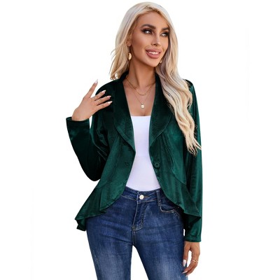 Clearlove Women's Long Sleeve Velvet Blazer with Cascading Ruffle Detail Single Button Closure