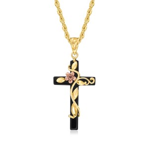 Ross-Simons Onyx Floral Cross Pendant With 14kt 2-Tone Gold Size 1.50 - 1 of 3