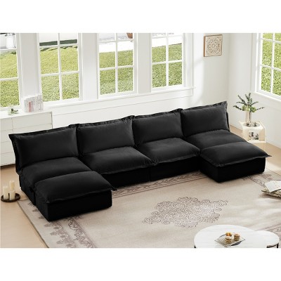 Modern Sectional Sofa, Slipcovered 4 Seater Armless Sofa with Reversible Ottoman, Sectional Sofas with Chenille Fabric-Cuddlewood