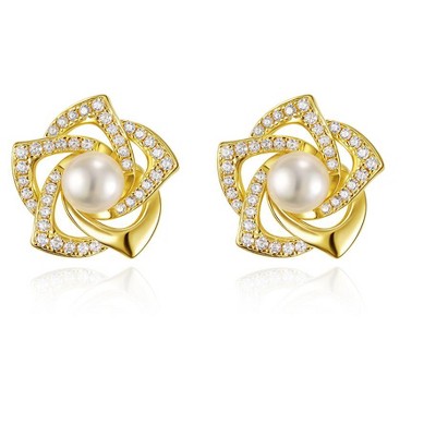 Molenia 14K Gold Pearl Rose Earrings for Women, 925 Sterling Silver Flower Stud Earrings Real Freshwater Pearls Cute Jewelry