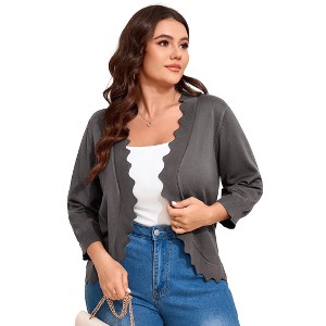 Clearlove Women's Plus Size 3/4 Sleeve Open Front Cropped Cardigan Lightweight Hollow Out Knit Shrug - 1 of 4