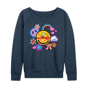 Women's - Peanuts - Woodstock Peace And Love Flair Lightweight French Terry Wide Neck Long Sleeve Shirt - 1 of 4