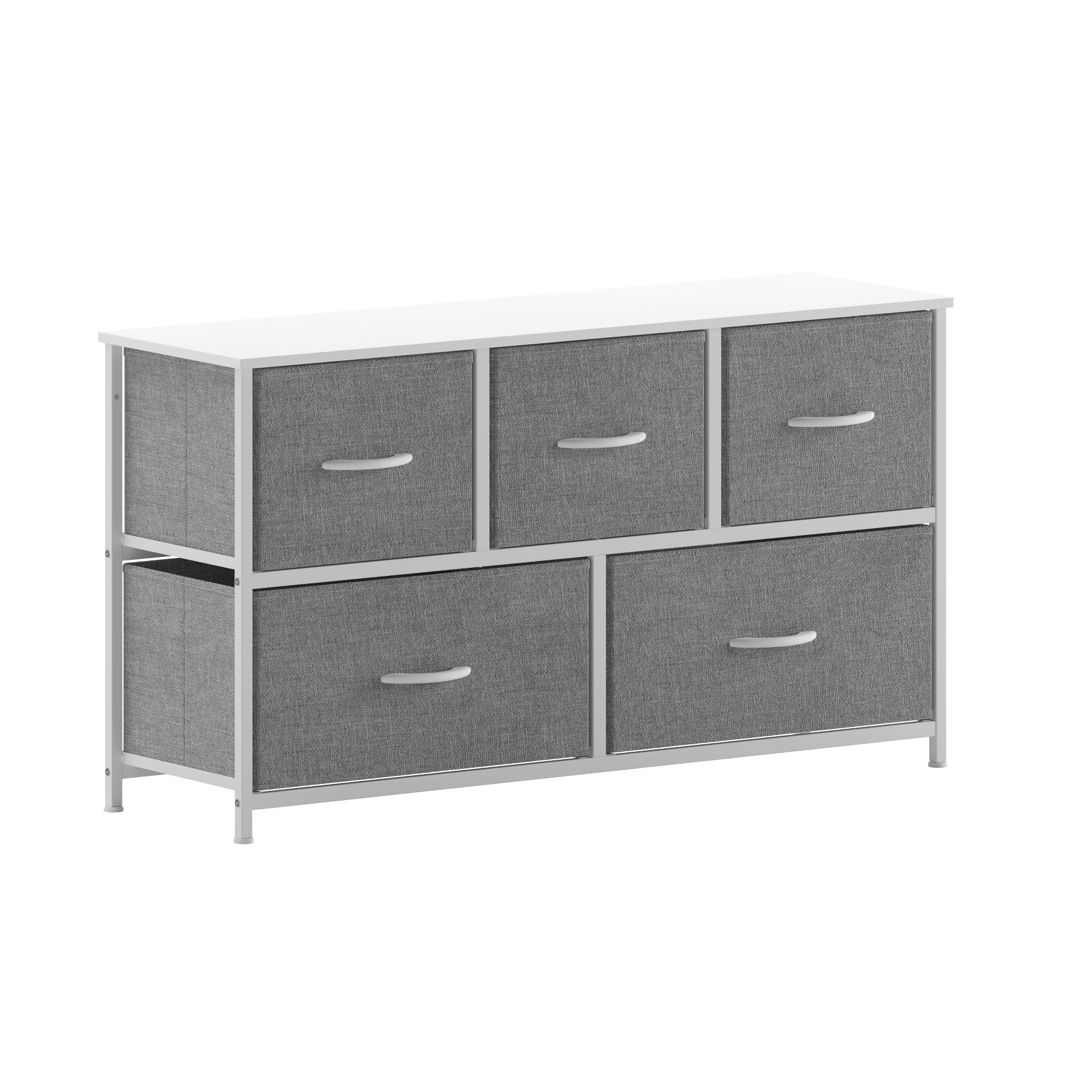 Emma and Oliver 5 Drawer Storage Dresser with White Cast Iron Frame, White Wood Top and Gray Easy Pull Fabric Drawers with White Wooden Handles
