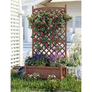 Freestanding Wood Planter Box with Trellis and Wheels, Raised Garden Bed for Outdoor Plants & Flowers, Garden Planter Box with Drainage Holes, 1PCS - 1 of 4
