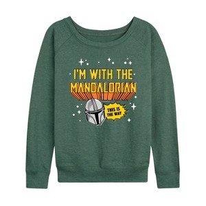 Women's - Star Wars - The Mandalorian Im With Mando Lightweight French Terry Wide Neck Long Sleeve Graphic Shirt - 1 of 4