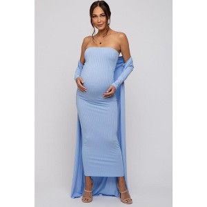 PinkBlush Light Blue Ribbed Sleeveless Dress Cardigan Maternity Set - 1 of 4