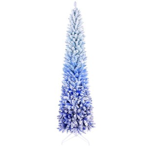 6FT Blue Gradient Flocked Pencil Christmas Tree with 200 Warm White LED Lights, 485 Tips, Hinged Branches, Slim Design, Metal Stand - 1 of 4