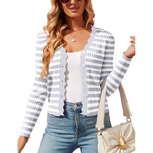 Women's Cropped Cardigan Striped Button Down Knit Shrugs for Dresses Scalloped V Neck Cardigans Sweaters - 1 of 4
