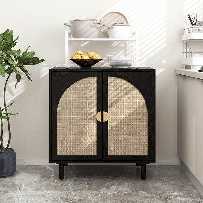 Vatros Rattan Cabinet Storange Cabinet for Living Room, 4 Door, Black