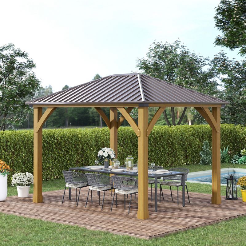 Outsunny 10x12 Galvanized Steel Gazebo with Wooden Frame, Permanent Metal Roof Gazebo Canopy for Garden, Patio, Backyard, 2 of 9