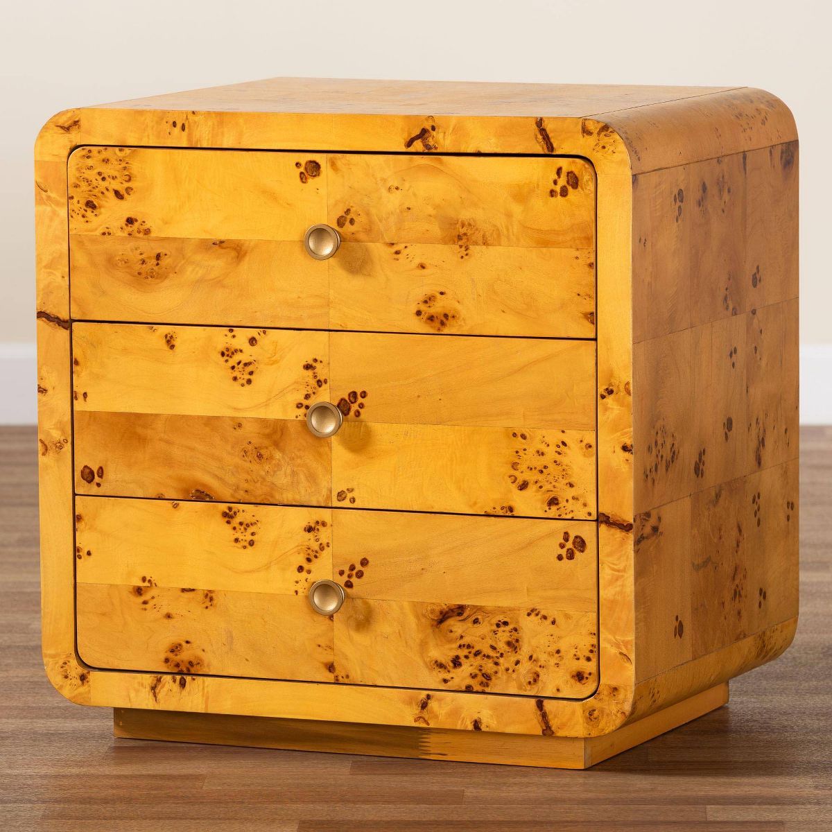bali & pari Netra Real Burl Wood 3 Drawer Nightstand Light Mappa Burl - thumbnail 7