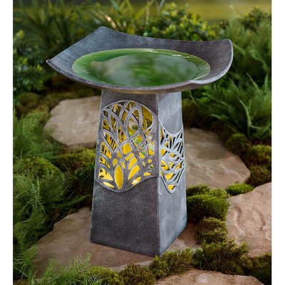 Wind & Weather Lighted Resin Birdbath with Hand-Glazed Bowl