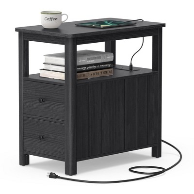 VASAGLE Side Table with Charging Station, Narrow Nightstand with 2 Drawers, Living Room End Table with Storage