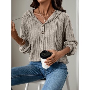 Casual Ribbed Knit Hooded Sweater for Women, Loose Fit Loungewear Top, Cozy Pullover with Hood & Button Details - 1 of 4