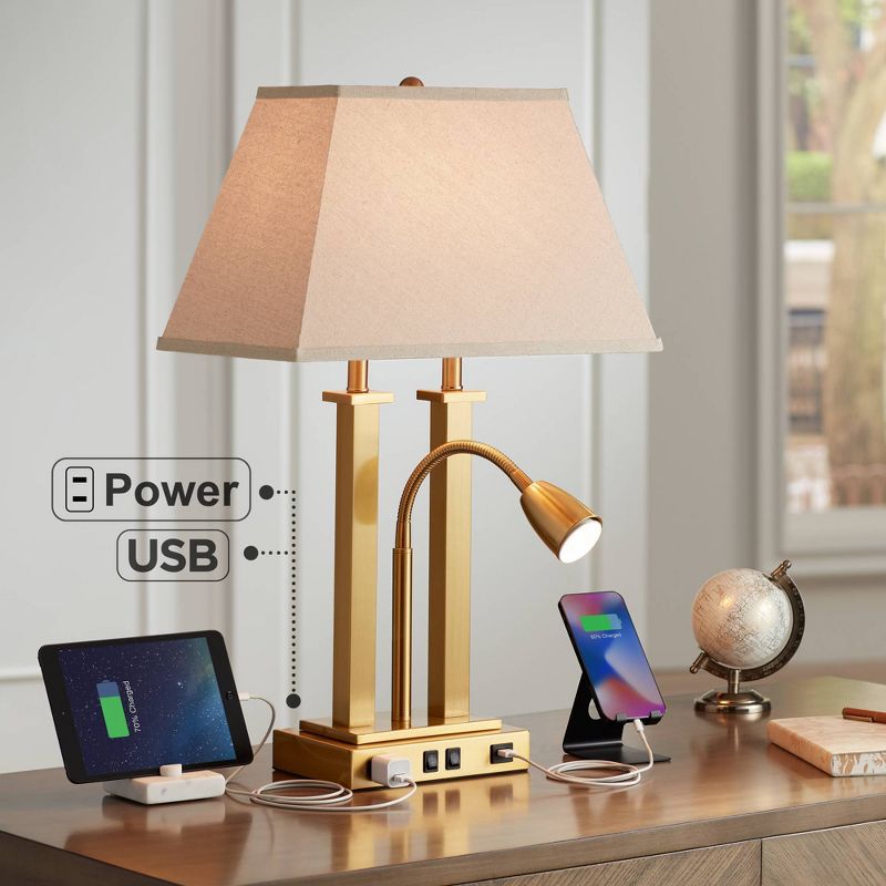 Possini Euro Design Deacon Modern Desk Table Lamp 26" High Brass with USB and AC Power Outlet in Base LED Reading Light Oatmeal Shade for Office Desk, 2 of 10