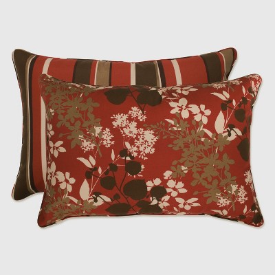 2-Piece Outdoor Reversible Toss Pillow Set - Brown/Red Floral/Stripe 24" - Pillow Perfect