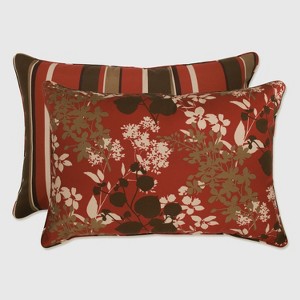 2-Piece Outdoor Reversible Toss Pillow Set - Brown/Red Floral/Stripe 24" - Pillow Perfect - 1 of 4