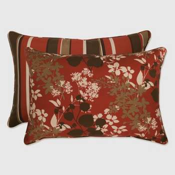 2-Piece Outdoor Reversible Toss Pillow Set - Brown/Red Floral/Stripe 24" - Pillow Perfect