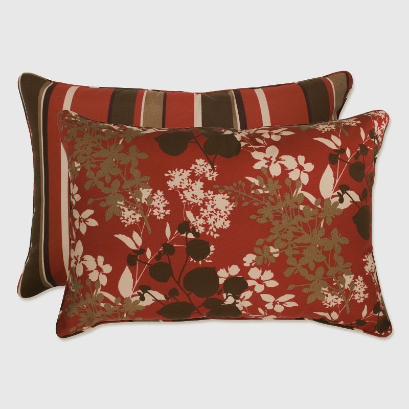 2-Piece Outdoor Reversible Toss Pillow Set - Brown/Red Floral/Stripe 24&#34; - Pillow Perfect, 1 of 10