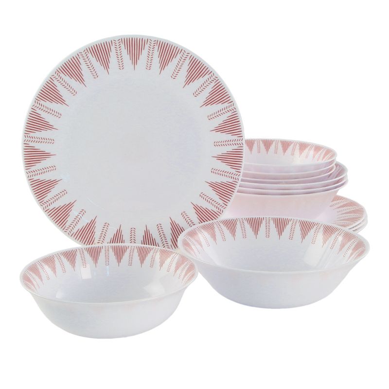 Gibson Piper Point 12 Piece Opal Glass Dinnerware Set in White With Red Accents, 1 of 7