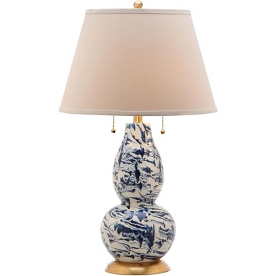 Navy and White Marbleized Glass Table Lamp Set with Gold Accents