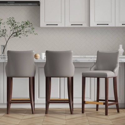 Shubert Dark Taupe Leatherette Barstools with Beech Wood Legs, Set of 3