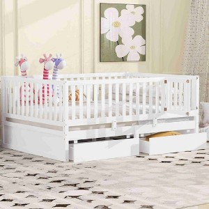 CAVINAS Full Size Wood Montessori Bed with 2 Drawers and Safety Guardrails,Modern Floor Bed Can Split Into 2 Beds,Toddler Bed for Bedroom - 1 of 4