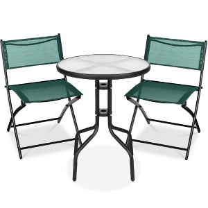 Best Choice Products 3-Piece Patio Bistro Dining Furniture Set w/ Round Textured Glass Tabletop, Folding Chairs - 1 of 4