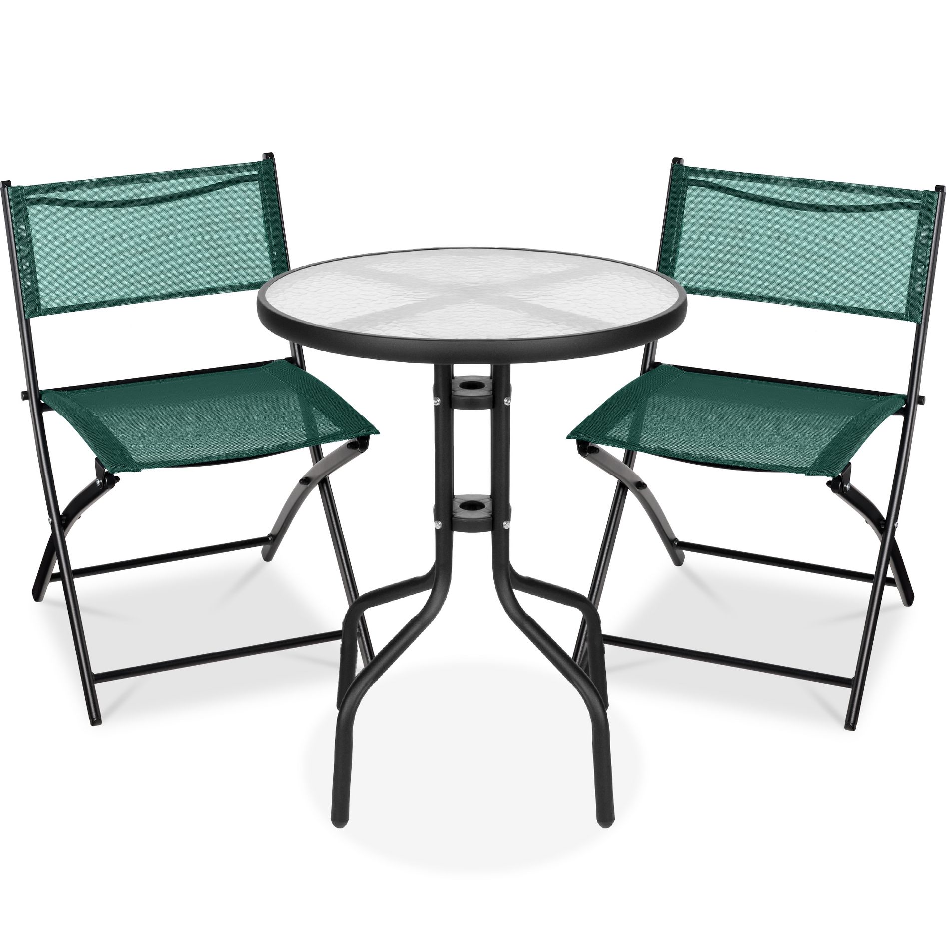 Best Choice Products 3-Piece Patio Bistro Dining Furniture Set w/ Glass Tabletop, Folding Chairs - Dark Green