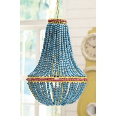 Eclectic Boho Multicolor Wood Beaded Chandelier with Yellow Metal Canopy