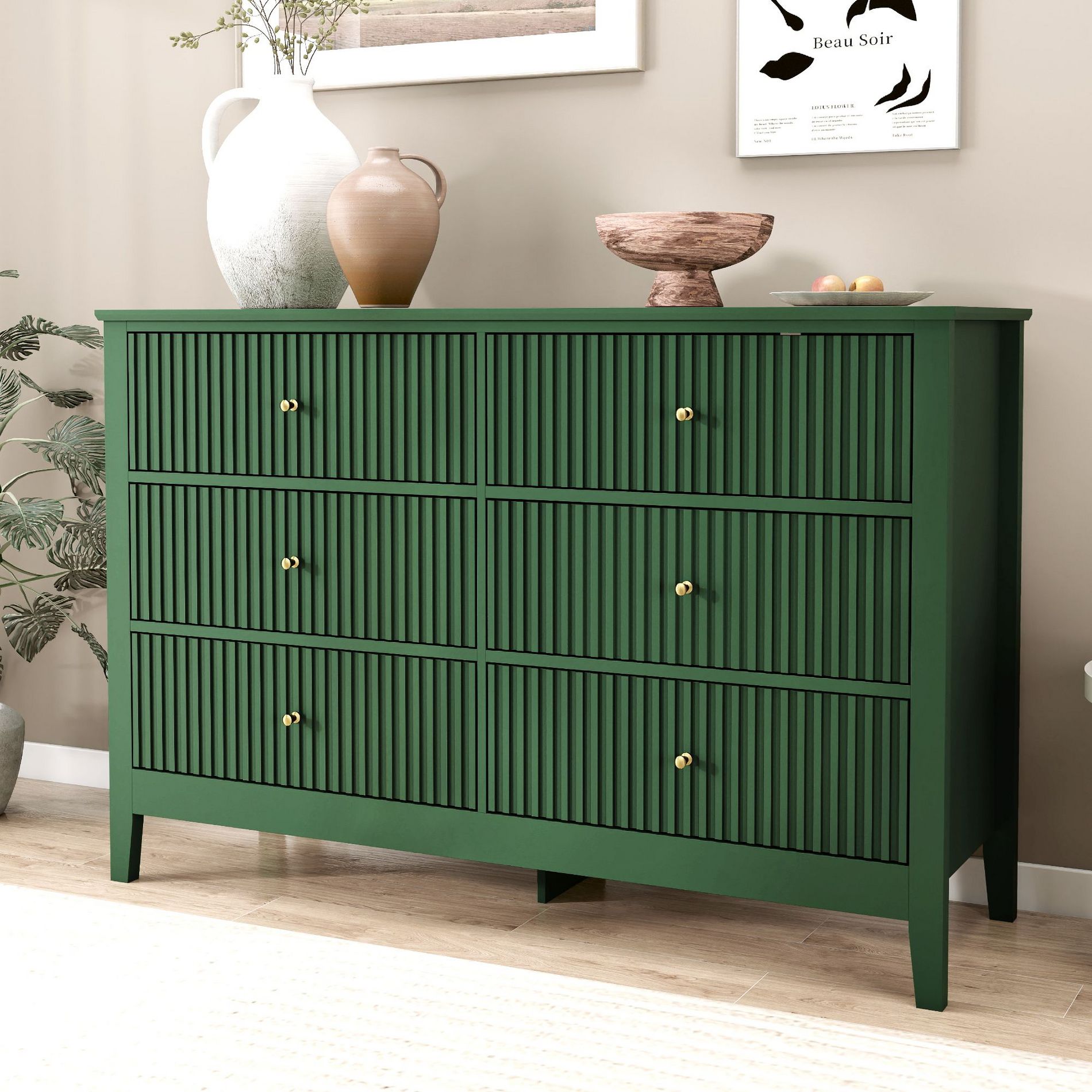 6 Drawers Dresser, Fluted Chest of Drawers with Storage, Modern Wood Wide Storage Dresser with Paint Design