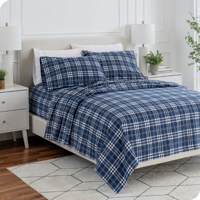 Stirling Plaid Blue/White Cotton Flannel Twin Sheet Set